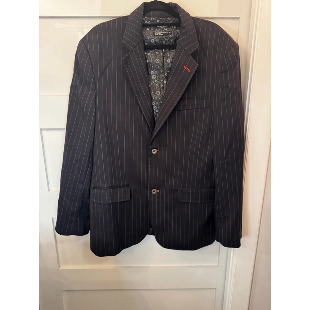 Marc Ecko Cut & Sew Navy Pinstripe Embroidered Crest Blazer Jacket XL Designer